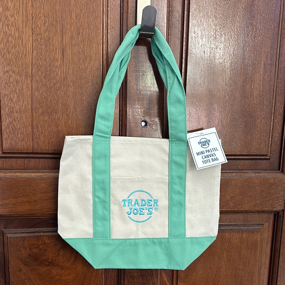Trader Joe’s Mini Pastel Tote Green and Cream Canvas